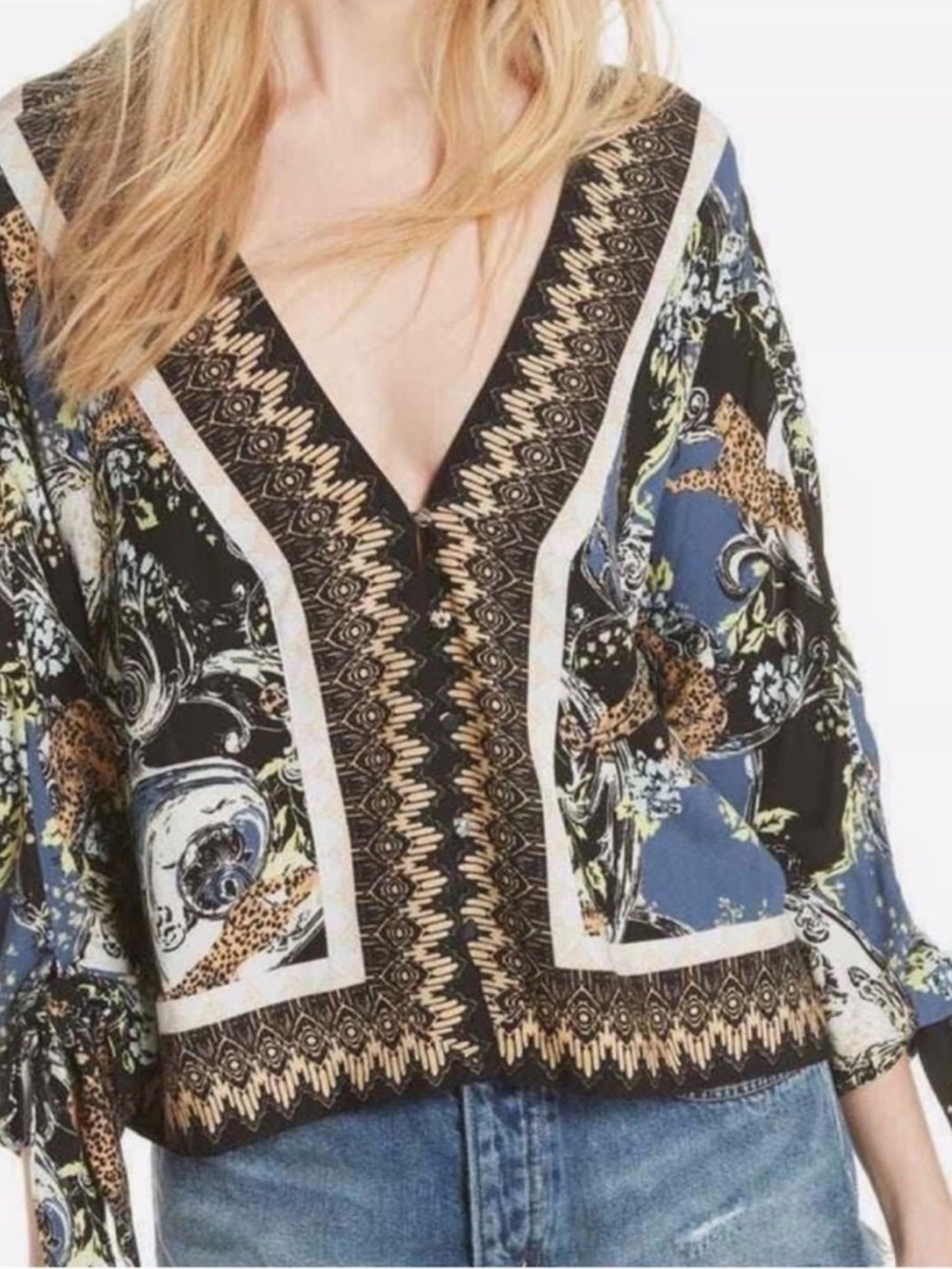 Free People Black “Catch Me If You Can” V-Neck Button Blouse Small